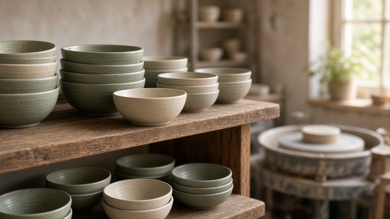 Stoneware clay, patient drying, and kiln schedules dated on the shelf—each bowl