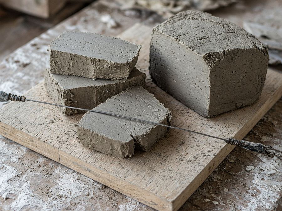 Stoneware clay wedges and cutting wire on the board.