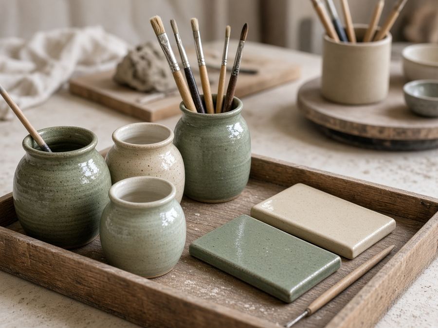 Glaze jars and brushed test tiles in sage and cream.