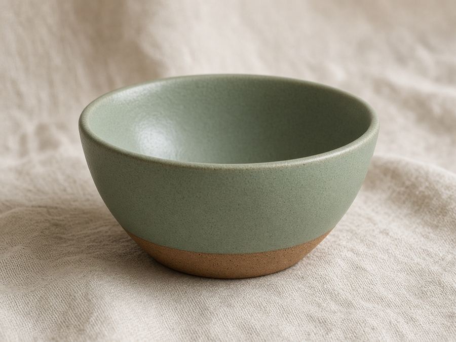 Matte sage bowl with a raw clay foot that sits quietly on linen.