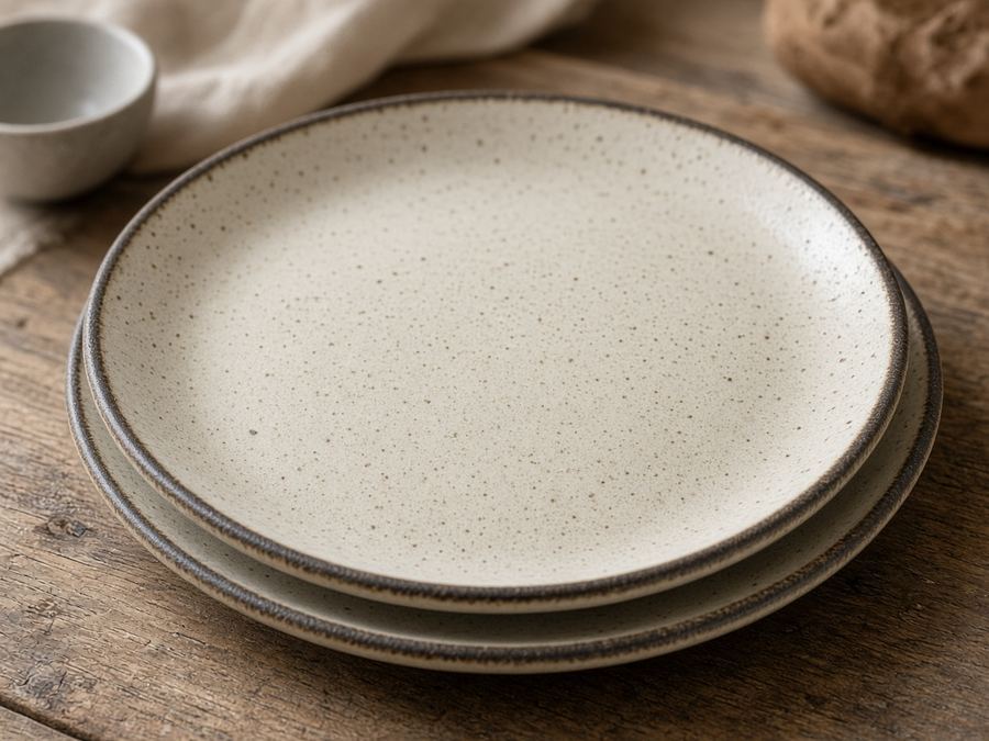 Cream dinner plate with a dark rim and soft speckles.