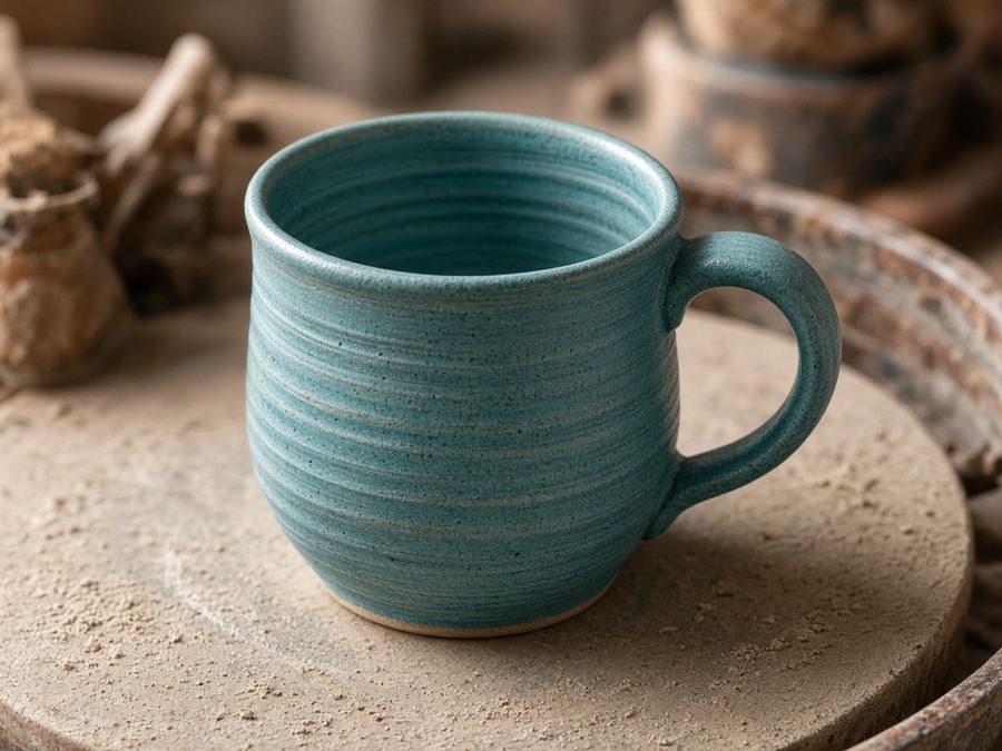 Thrown mug with teal glaze and visible throwing rings.