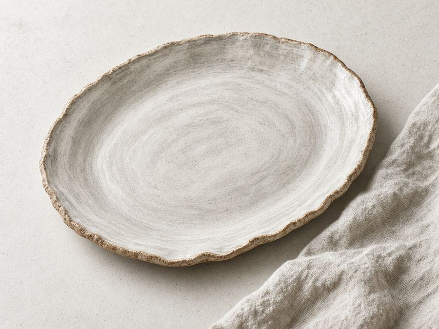 Serving platter with brushed ash glaze and a handmade edge.